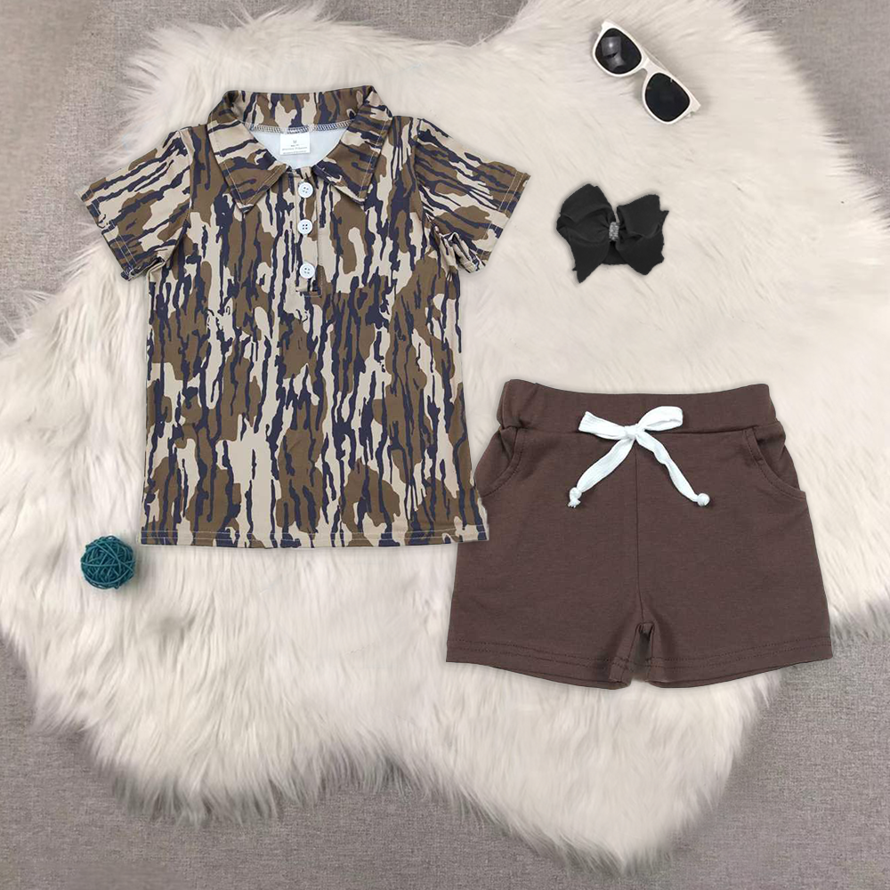 RTS NO MOQ BT1207+SS0134 camouflage short-sleeved top Brown pocket shorts