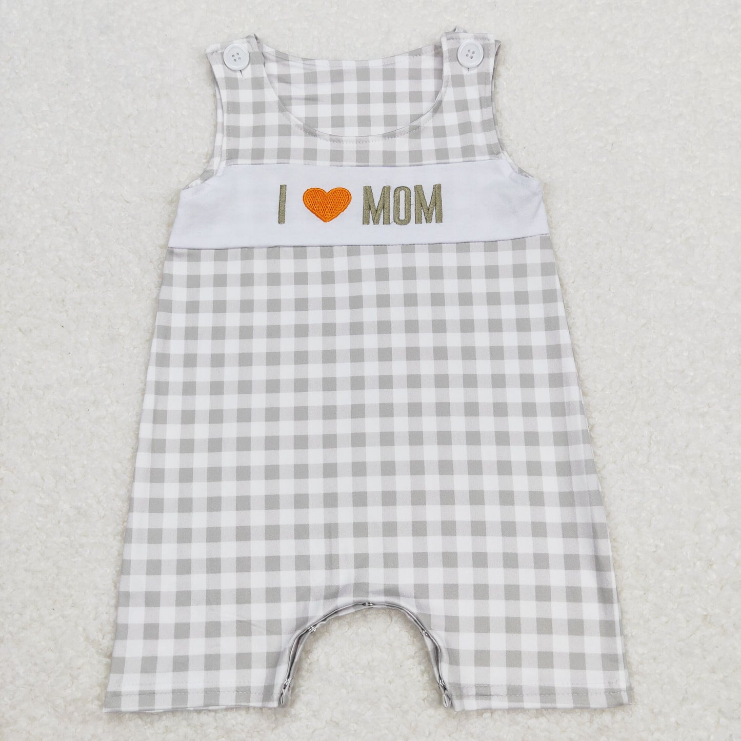 RTS NO MOQ(In Stock) I love mom embroidered green plaid sleeveless jumpsuit