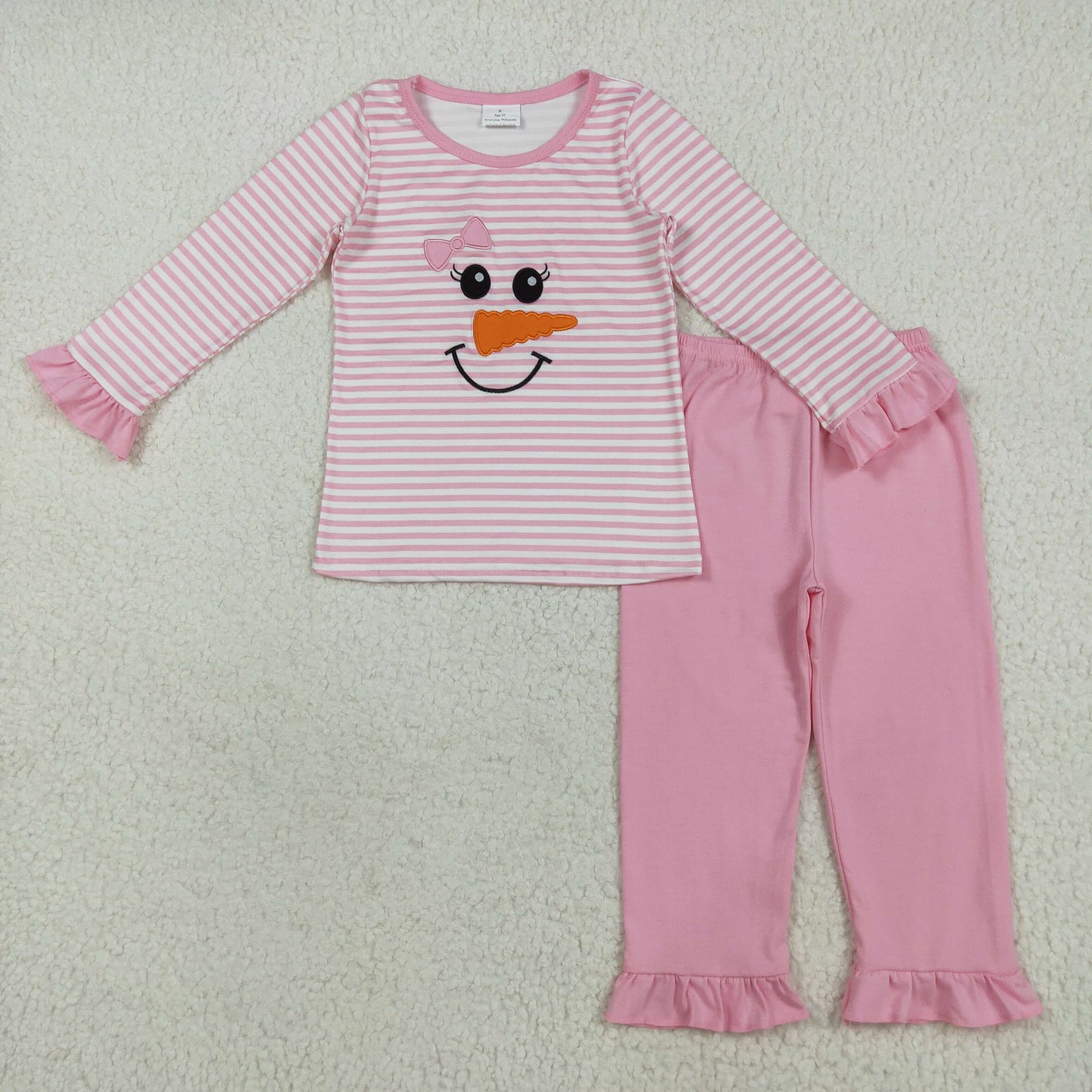 RTS NO MOQ(In Stock) GLP2520 Embroidered Christmas snowman smiley face pink striped long-sleeved trousers pajama set