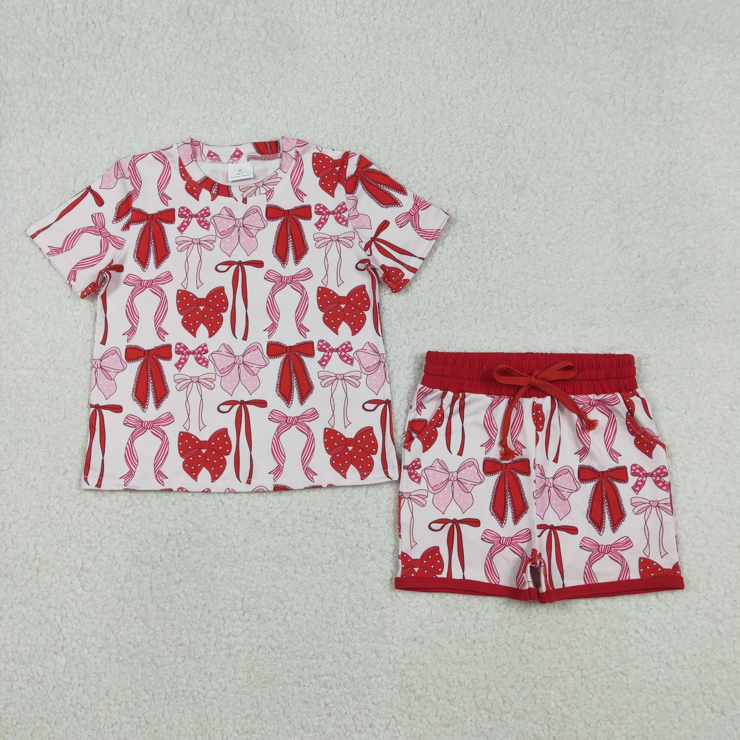 RTS NO MOQ(In Stock) Pink Bow Pattern Short-Sleeved Shorts Set