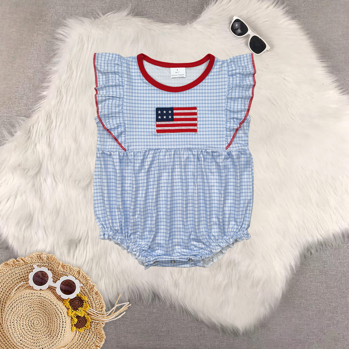 RTS 4th of july embroidery flag Short Sleeve Shorts Set romper