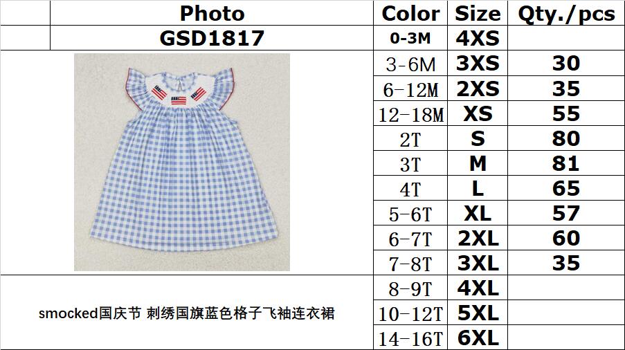 RTS NO MOQ ETA 5/7days Arrived GSD1817 smocked National Day Embroidered Flag Blue Plaid Flying Sleeve Dress