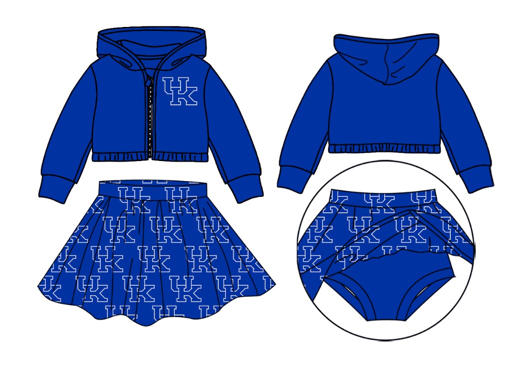 custom moq 3 eta 6-7weeks team summer baby girls clothes UK blue hooded with skirts sets