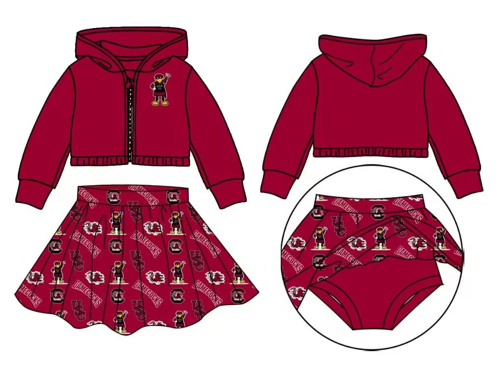 custom moq 3 eta 6-7weeks team summer baby girls clothes brick red hooded with skirts sets