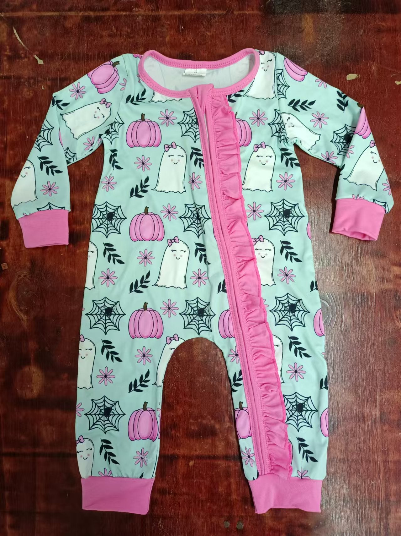 Custom moq 3 eta 6-7weeks Pink Ghost-Pumpkin-Spiderweb Mint Green Long Zip-Up Romper