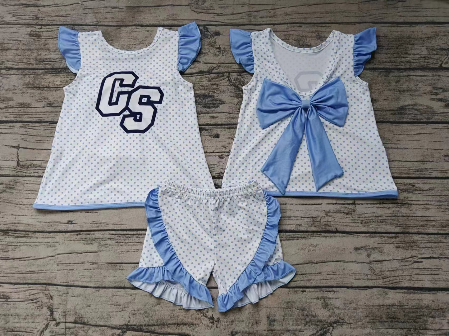 custom moq 5 eta 4-6weeks summer baby girls clothes team blue flying sleeve shorts sets