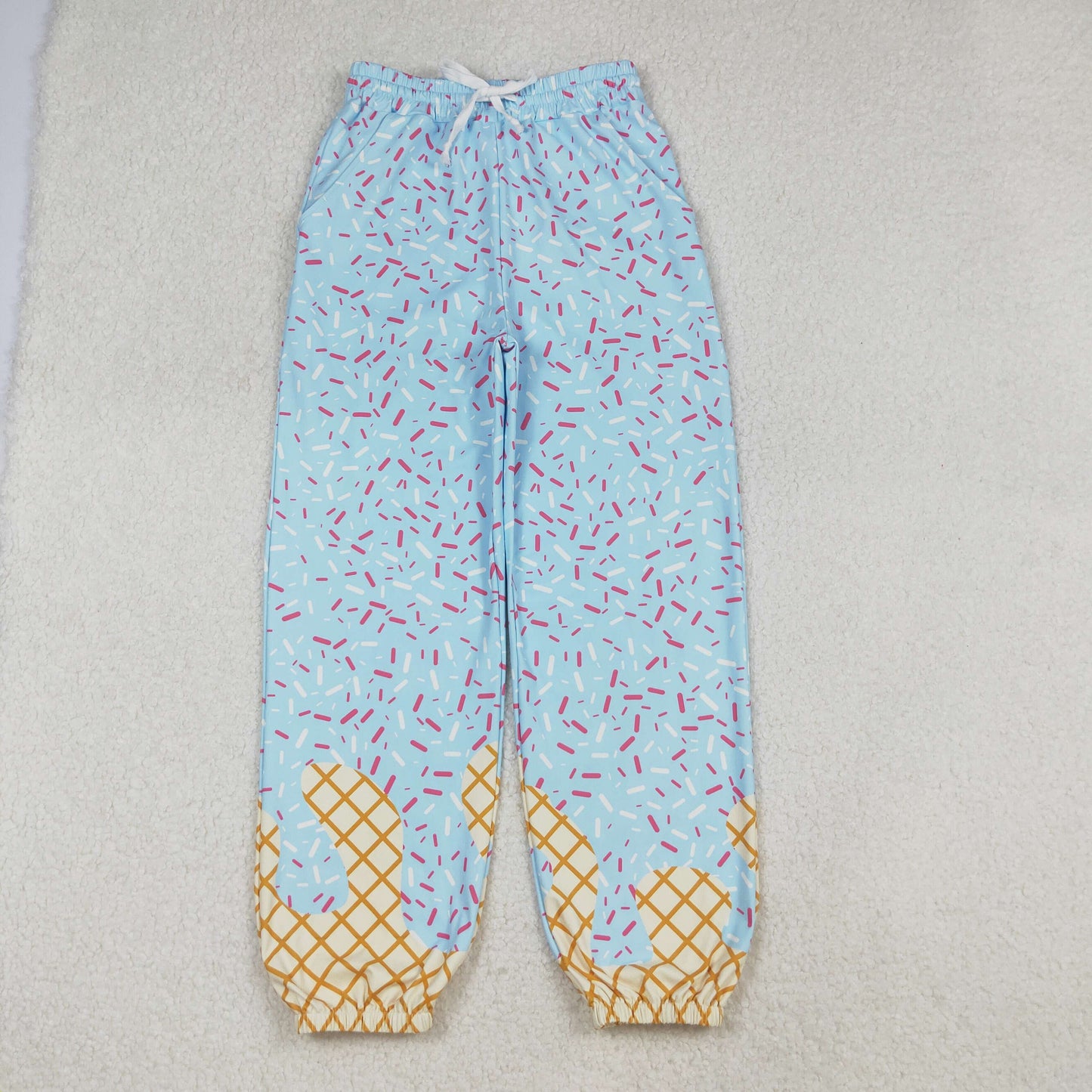 RTS NO MOQ(In Stock) P0808 Adult Women's Waffle Ice Cream Blue Lace-Up Yoga Pants