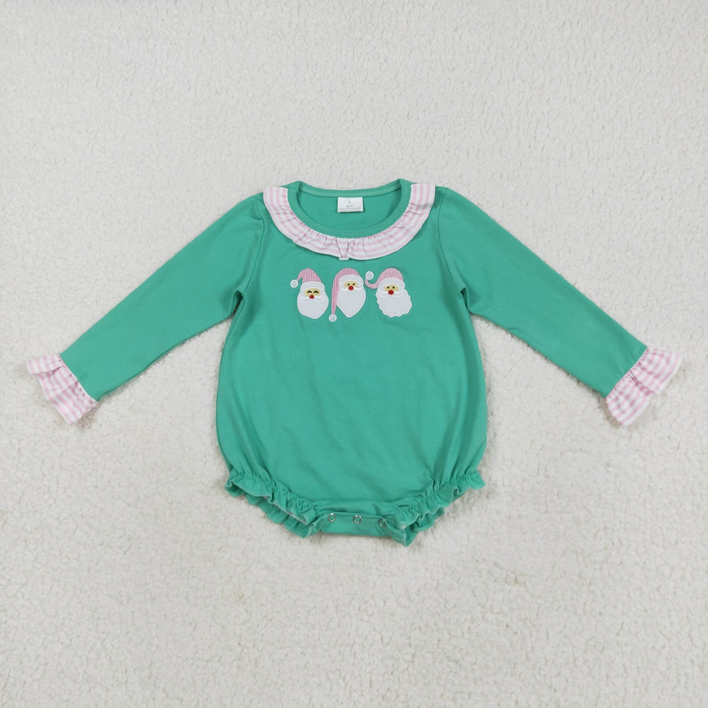 RTS NO MOQ(In Stock) LR2411 Embroidered Santa Claus pink striped lace long-sleeved green bodysuit