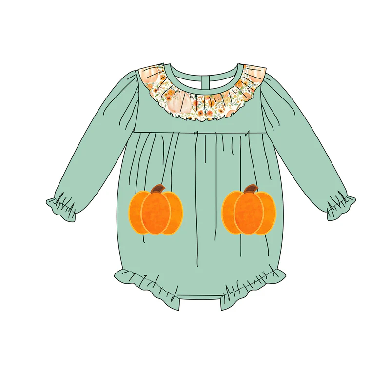 Custom moq 5 each style eta 6-7weeks baby girl pumpkin long sleeve pants and dress and briefs sets and romper