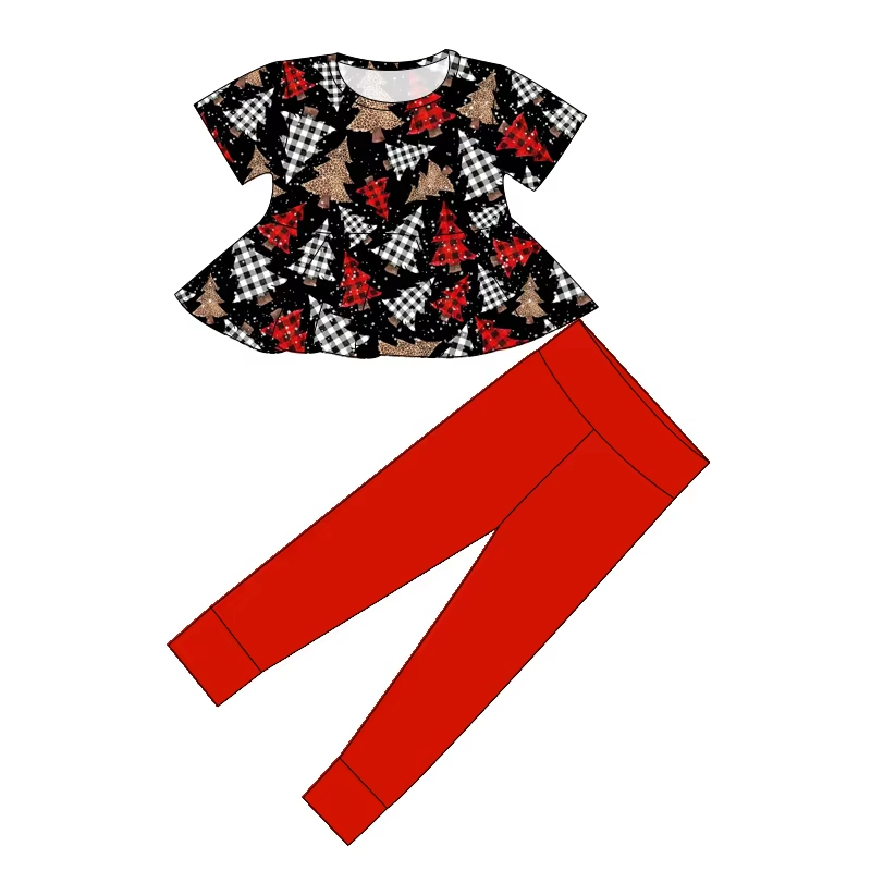 Custom moq 5 mix size milk silk summer baby girl clothes Christmas trees short sleeve pants sets-25.8.15