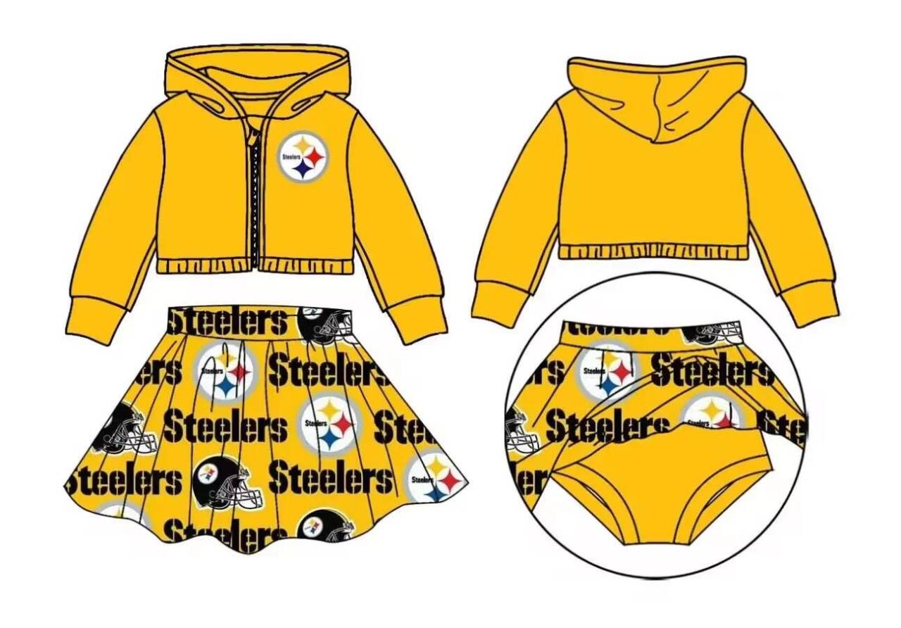 Deadline October 21 custom no moq eta 6-8weeks Yellow four-pointed star badge zip-up hooded jacket-pleated skirt suit
