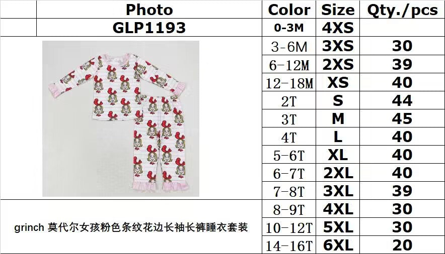bamboo rts no moq GLP1193 Grinch modal girl pink striped lace long-sleeved trousers pajama set