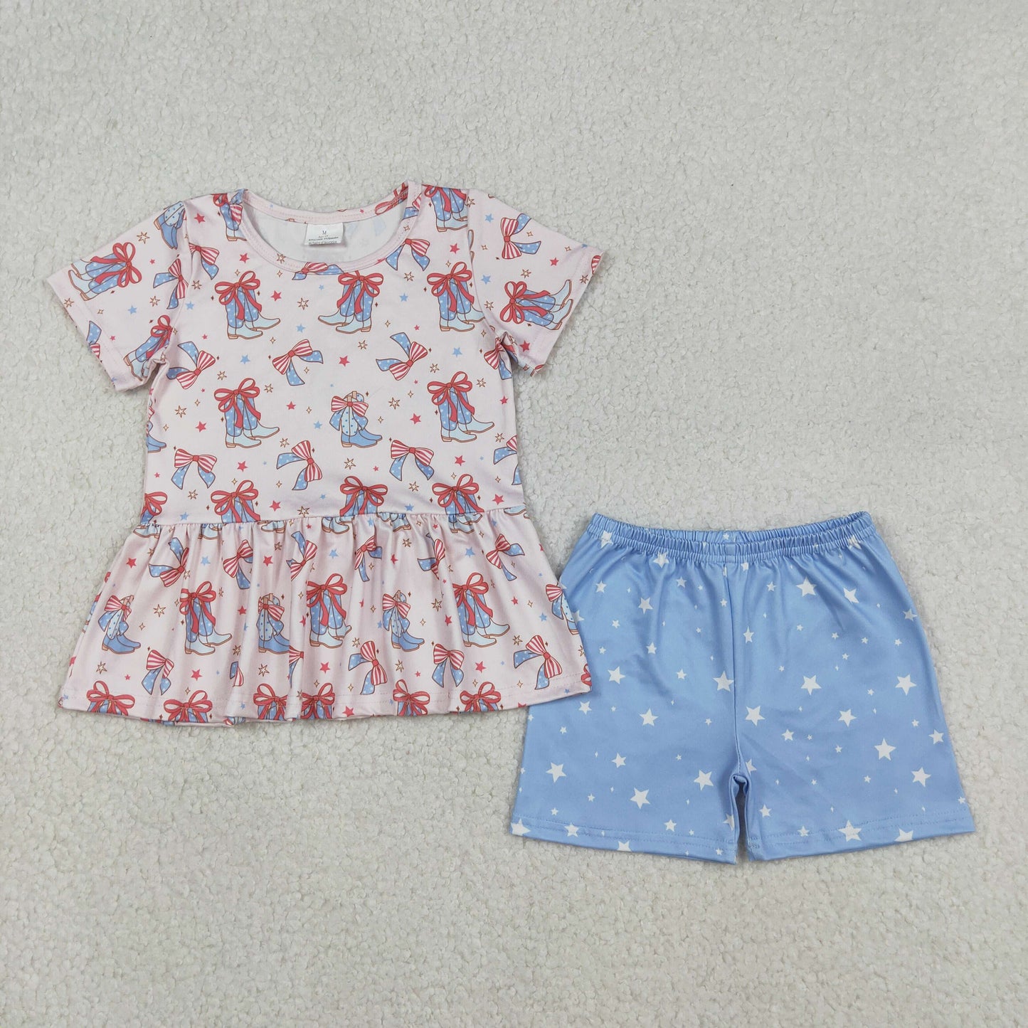 RTS NO MOQ(In Stock) National Day Star and Bow Pattern Boots Short-Sleeve Blue Shorts Set