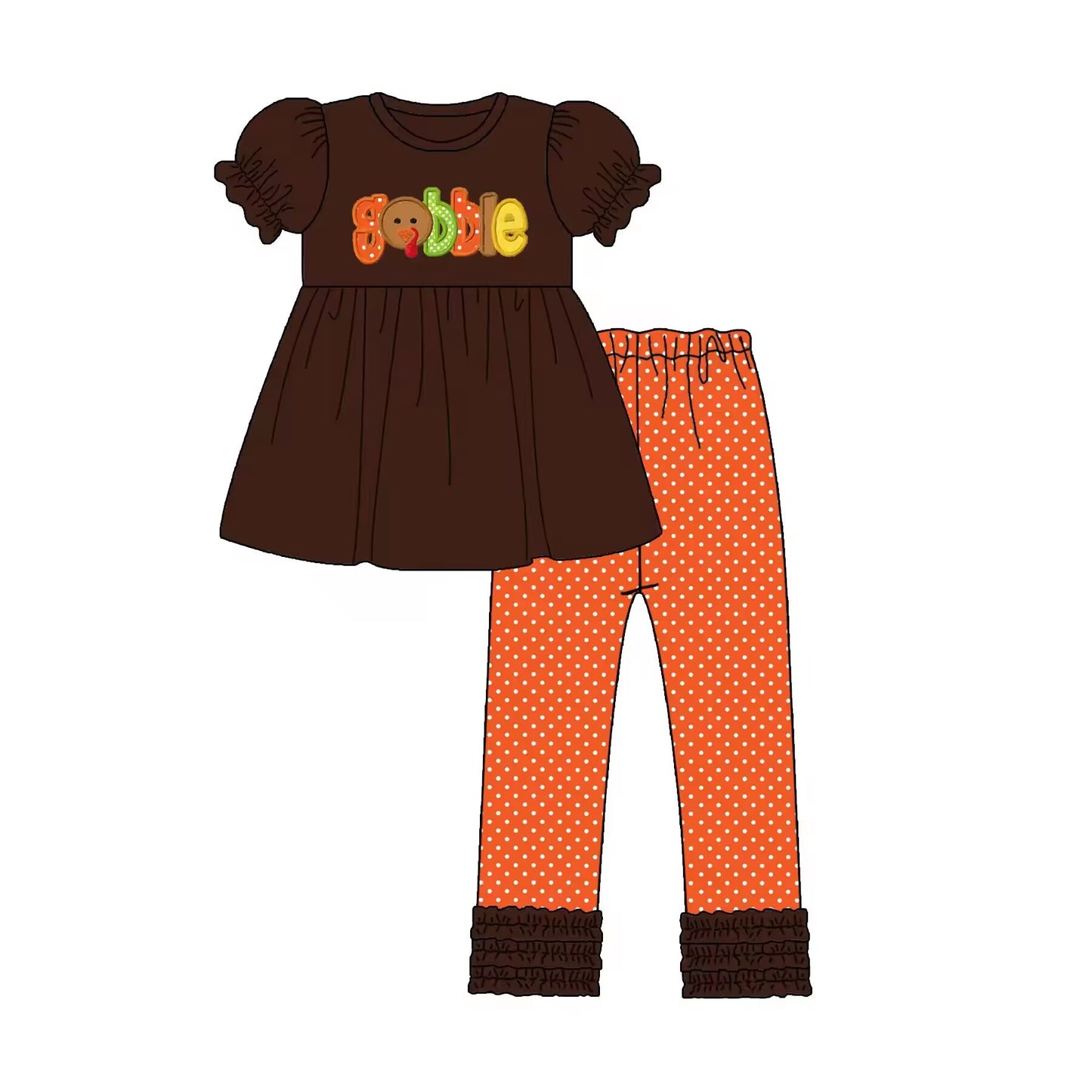 Custom moq 3 eta 6-8weeks Embroidered Letter Brown Bubble Short Sleeve-Orange Polka Dot Pants Set