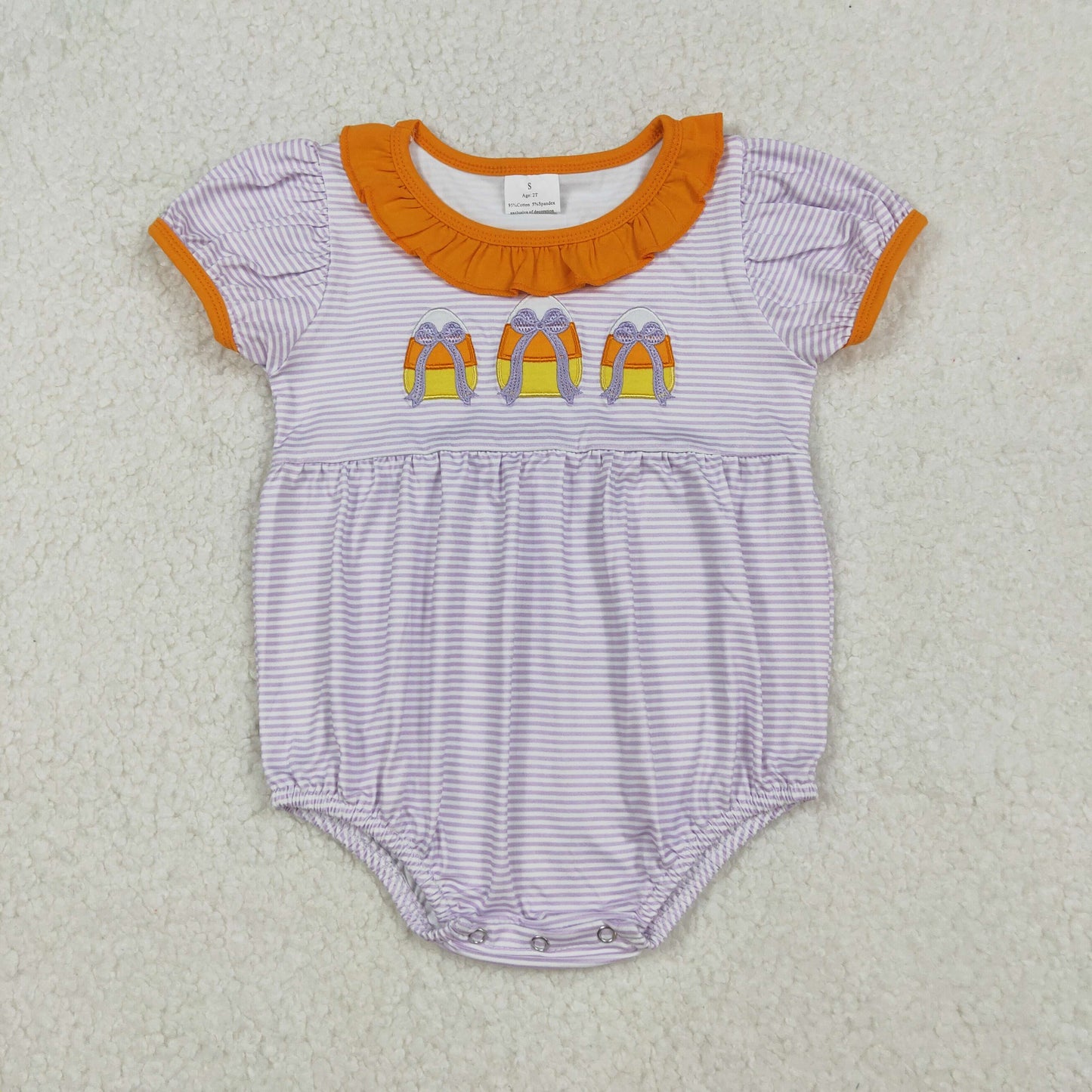 RTS NO MOQ(In Stock) SR3202 Purple short-sleeved bodysuit with embroidered Halloween candy bow pattern with orange lace pockets