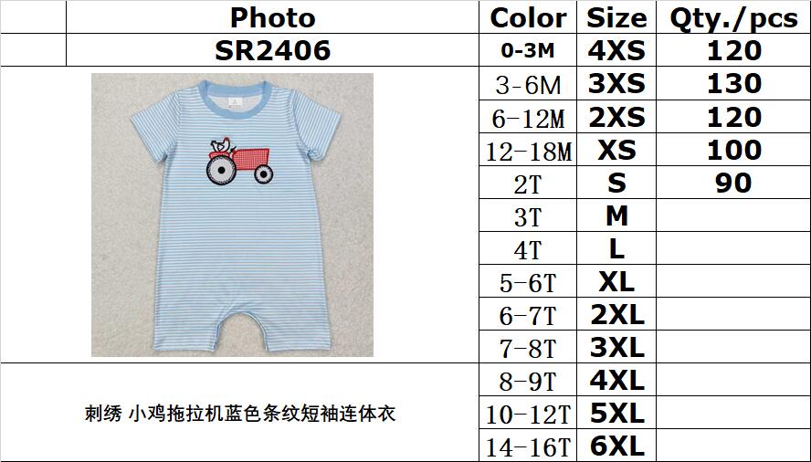 RTS NO MOQ ETA 5/7days arrived SR2406 Short-sleeved jumpsuit with embroidered chicken tractor blue stripes