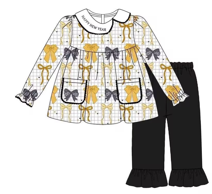 Custom moq 5 each style eta 6-7weeks baby girl clothes new year bow long sleeve pants sets-25.8.28