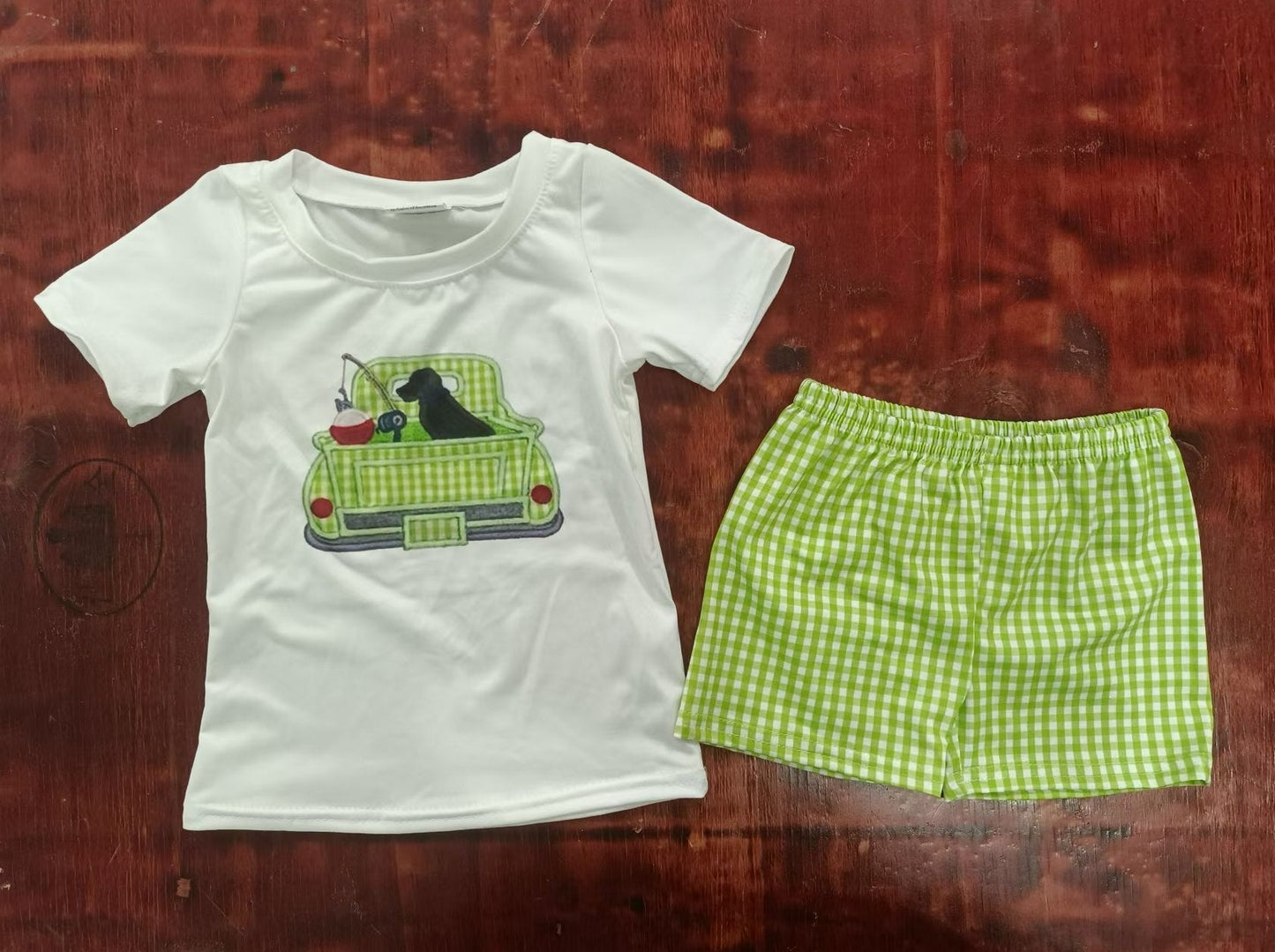 custom moq 5 eta 5weeks summer baby boys clothes car dog short sleeve green grid shorts Set