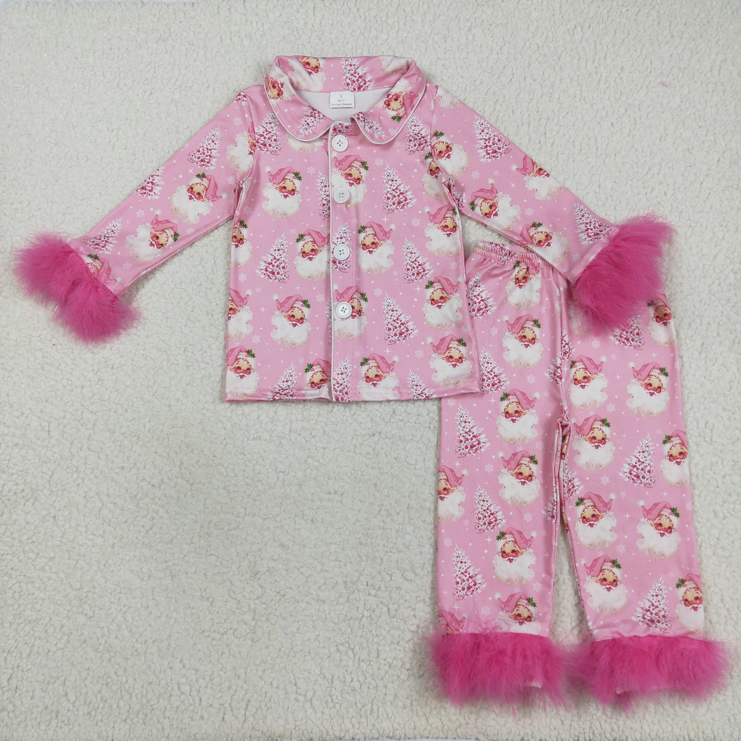 RTS NO MOQ(In Stock) GLP2424 Pink long-sleeved pyjama set with Santa Claus tree and snowflake trim