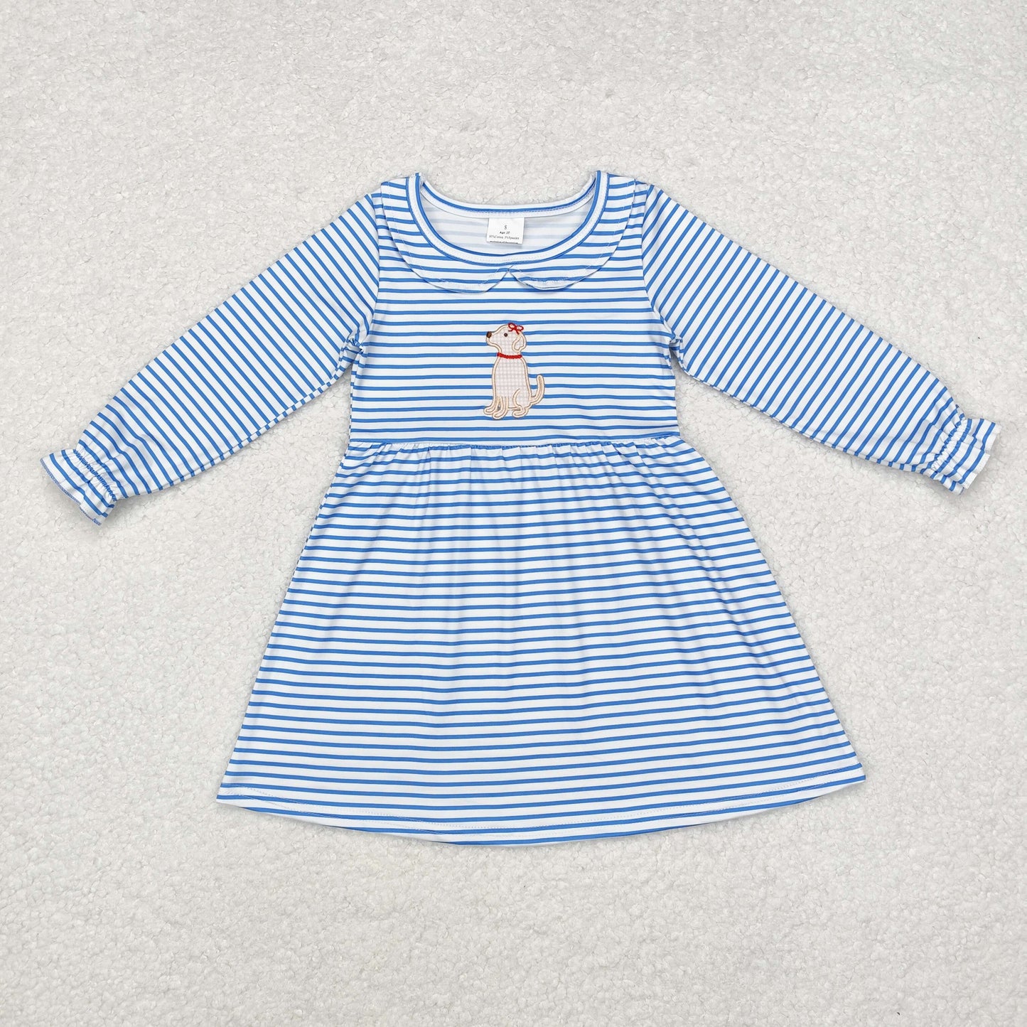 RTS NO MOQ(In Stock) GLD0701 Embroidered puppy striped doll collar blue and white long-sleeved dress