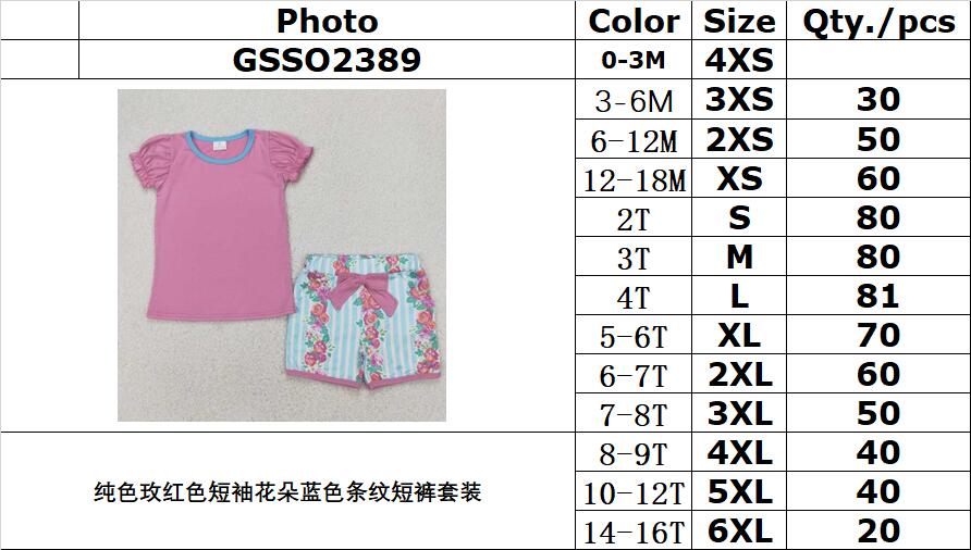 RTS NO MOQ GSSO2389 Pure rose red short-sleeved flower blue striped shorts suit