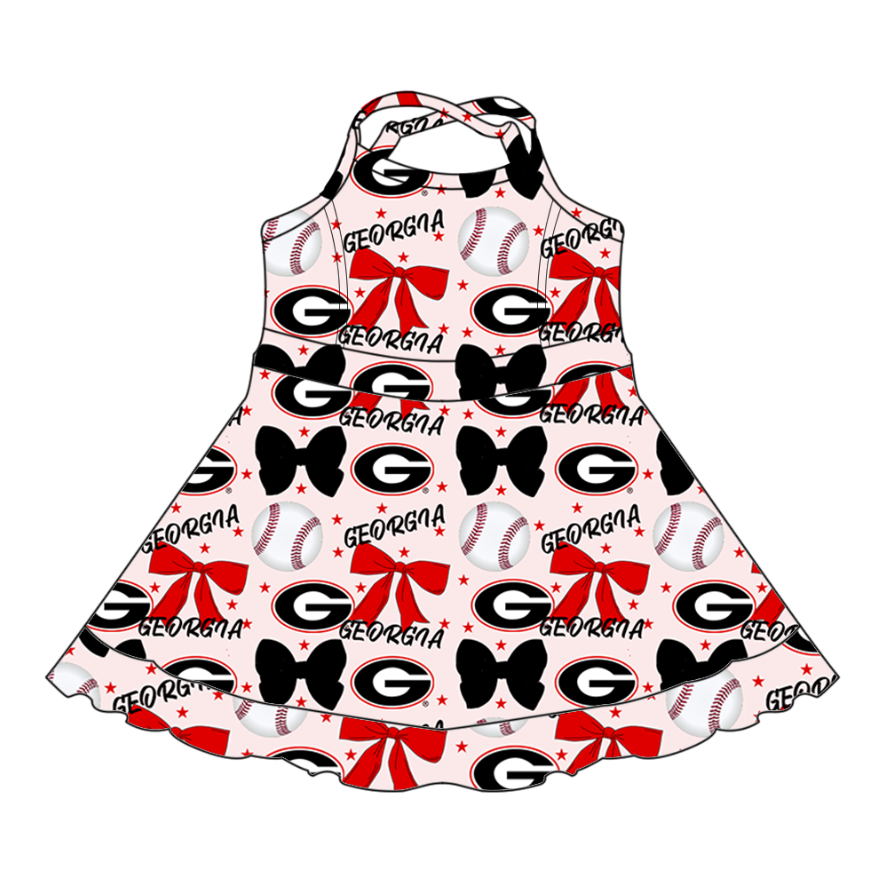 Custom moq 5 mix sizes summer teams baby girls clothes team baseball bow red short sleeve dress-25.6.13