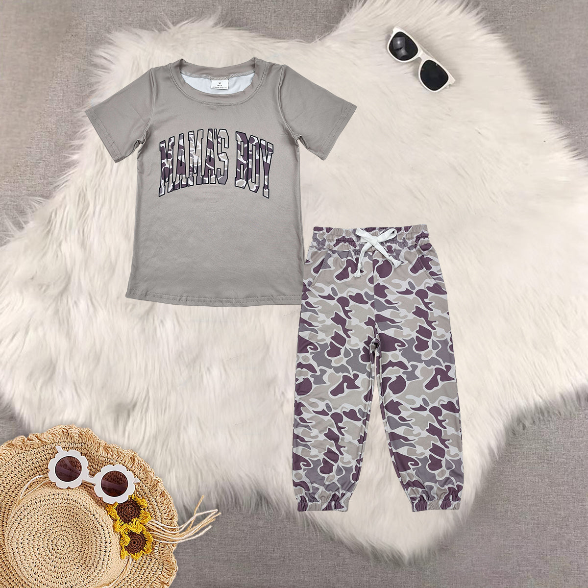RTS NO MOQ BT1186+P0652 MAMA BOY short-sleeved top drawstring trousers sets