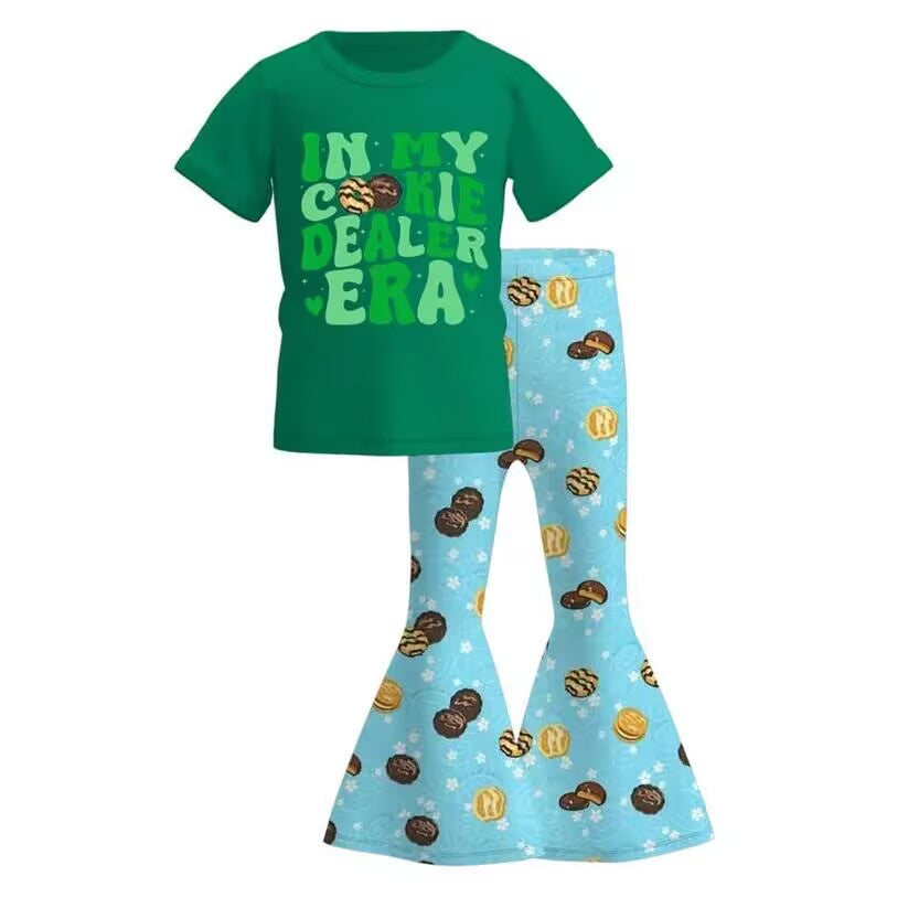 Deadline October 7 custom no moq eta 6-8weeks Green Lettering Short Sleeve Top & Donut Pattern Sky Blue Skinny Flared Pants Set