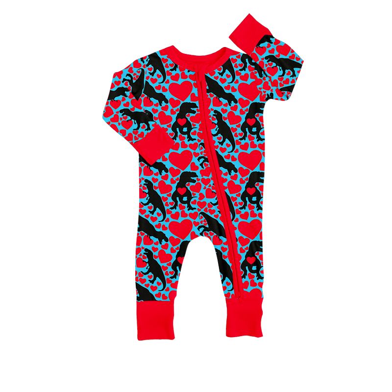 LR0892 Love Dinosaur Blue and Red Zipper Long Sleeve Jumpsuit
