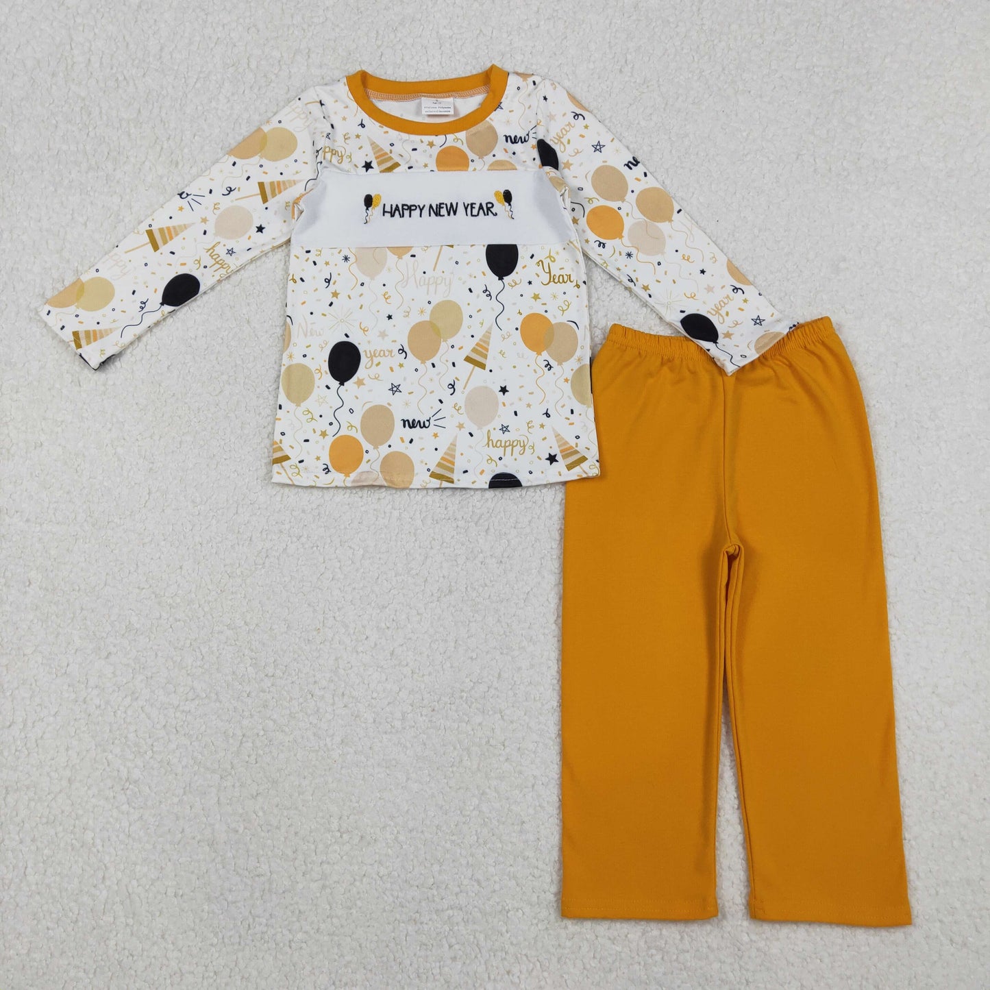 RTS NO MOQ(In Stock) BLP1299 Embroidered Happy New Year Balloon Boy Long-Sleeved Pants Set
