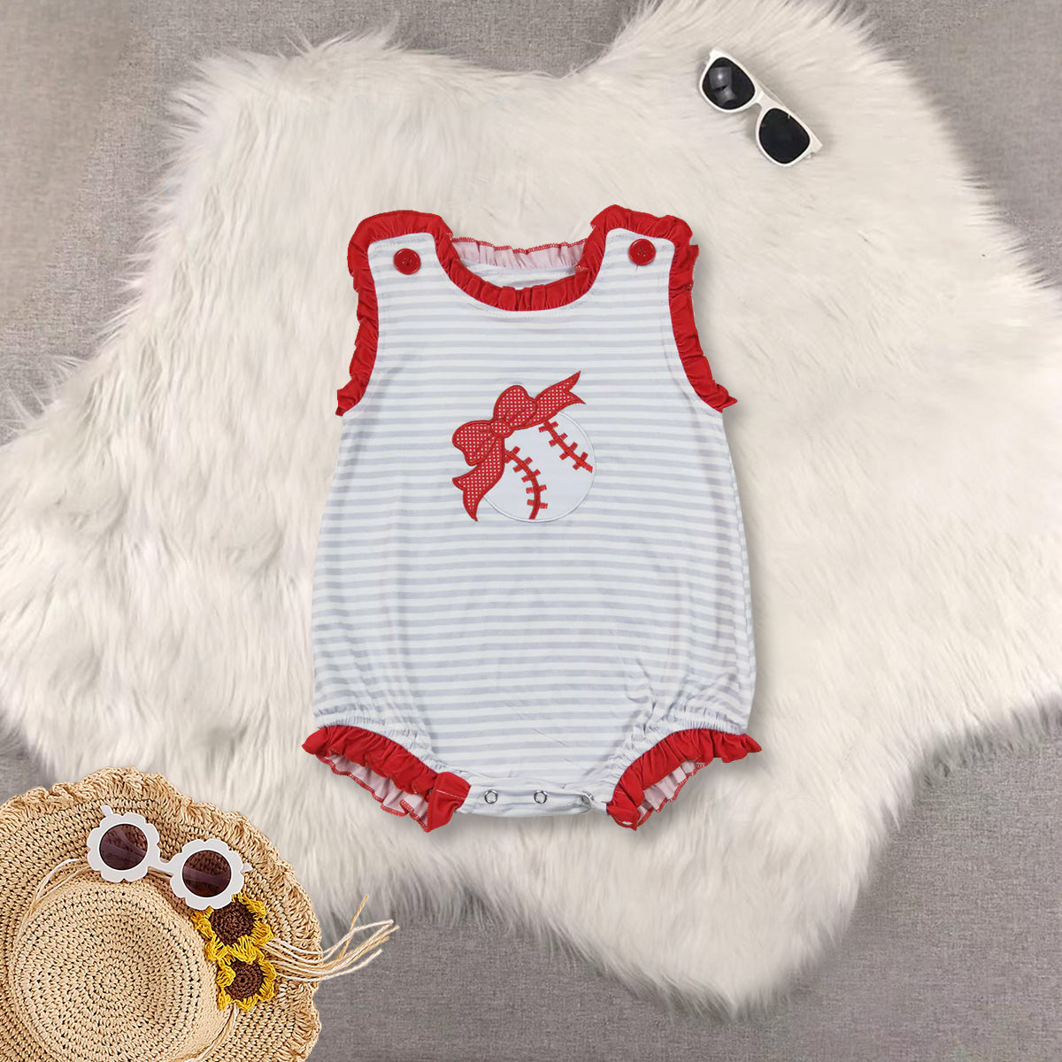 RTS NO MOQ Girls clothes embroidery baseball short sleeve Clothes Sets romper