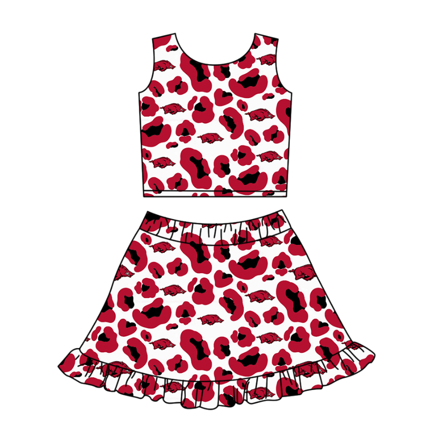 Custom moq 5 mix size milk silk summer teams baby girl clothes camouflage dark red sleeveless skirts set