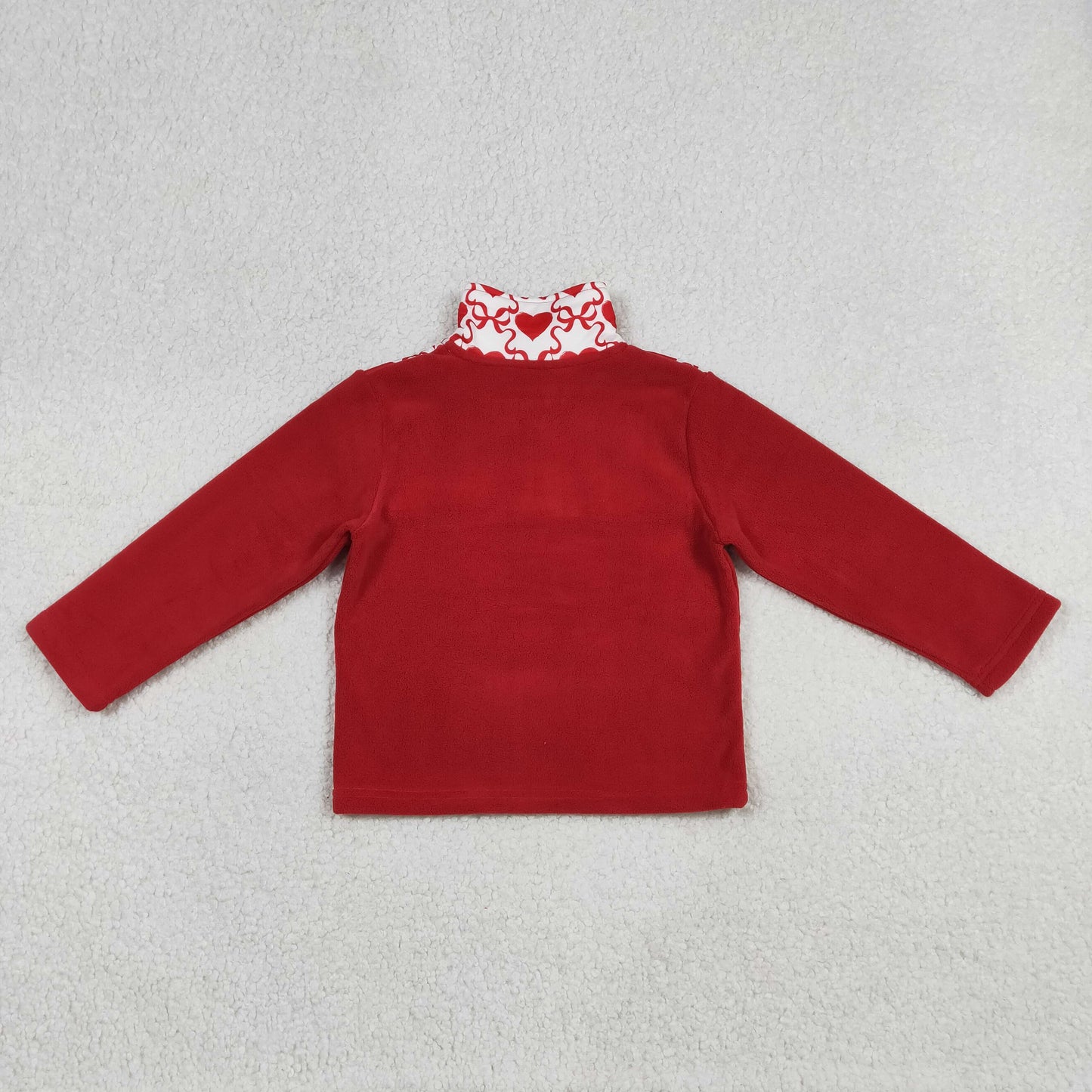 RTS NO MOQ(In Stock) Red Plush Zipper Long-Sleeve Top with Heart and Bow Design