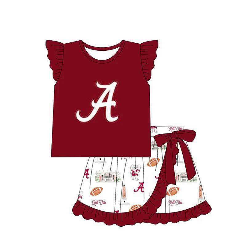 Custom moq 5 mix size milk silk summer teams Baby Girls Cute Flutter Sleeve Red Top Ruffle Skirt Shorts Sets