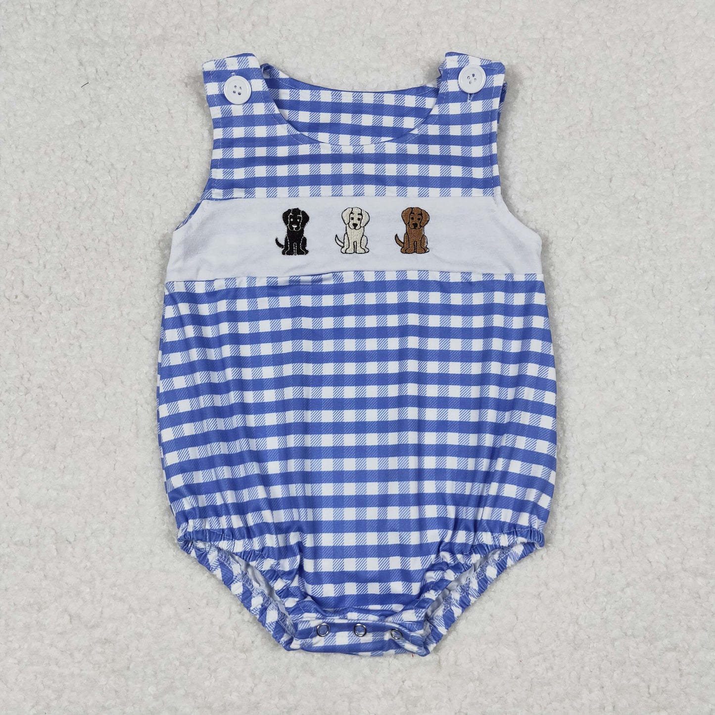 RTS NO MOQ(In Stock) Embroidered Three Puppies Blue and White Plaid Vest Jumpsuit