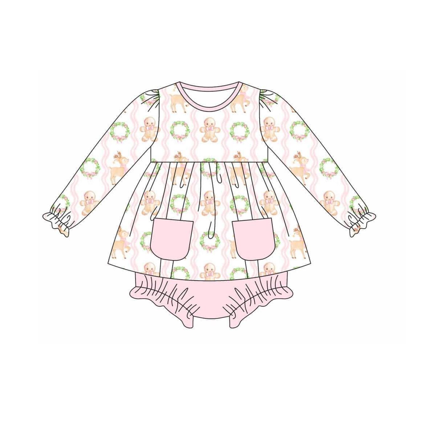 Deadline October 5 custom no moq eta 6-8weeks Green Wreath Cookie Bear Pattern Pink Pocket Long Sleeve Top and Shorts Set