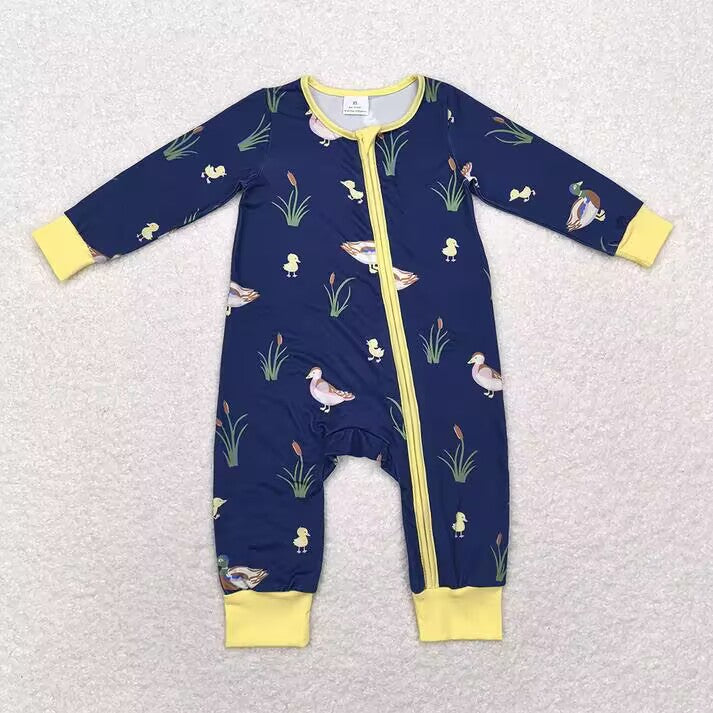 RTS NO MOQ Duck and Waterweed Pattern Navy Blue Long Sleeve Suit & Crawling Suit