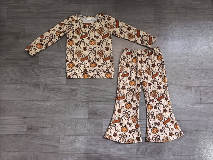 (Sample) No moq milk silk Baby Girls Cute Pumpkin Turkey Bow Long Sleeve Top Flare Pant Set
