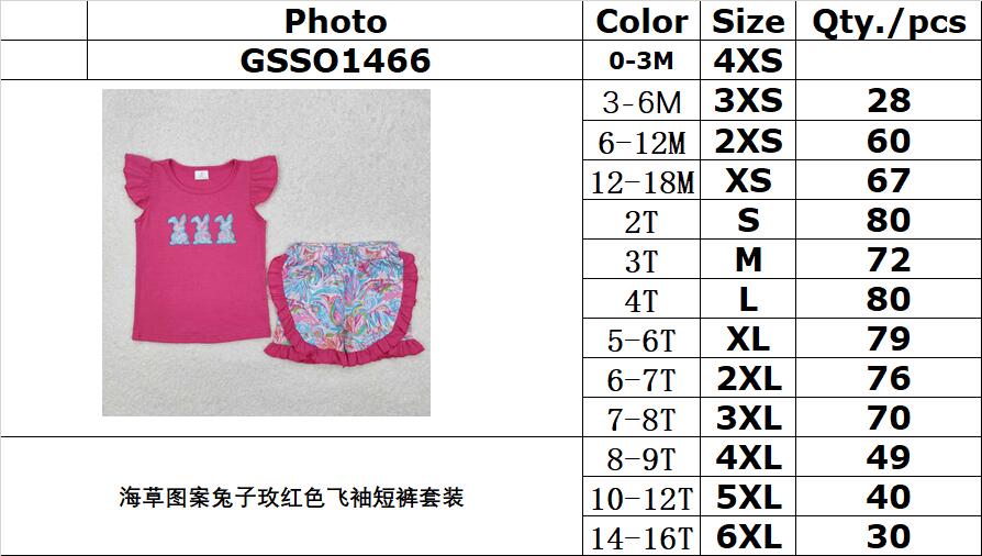 RTS NO MOQ ETA 5/7days Arrived GSSO1466 Embroidered Seaweed Pattern Bunny Rose Red Flying Sleeve Shorts Set