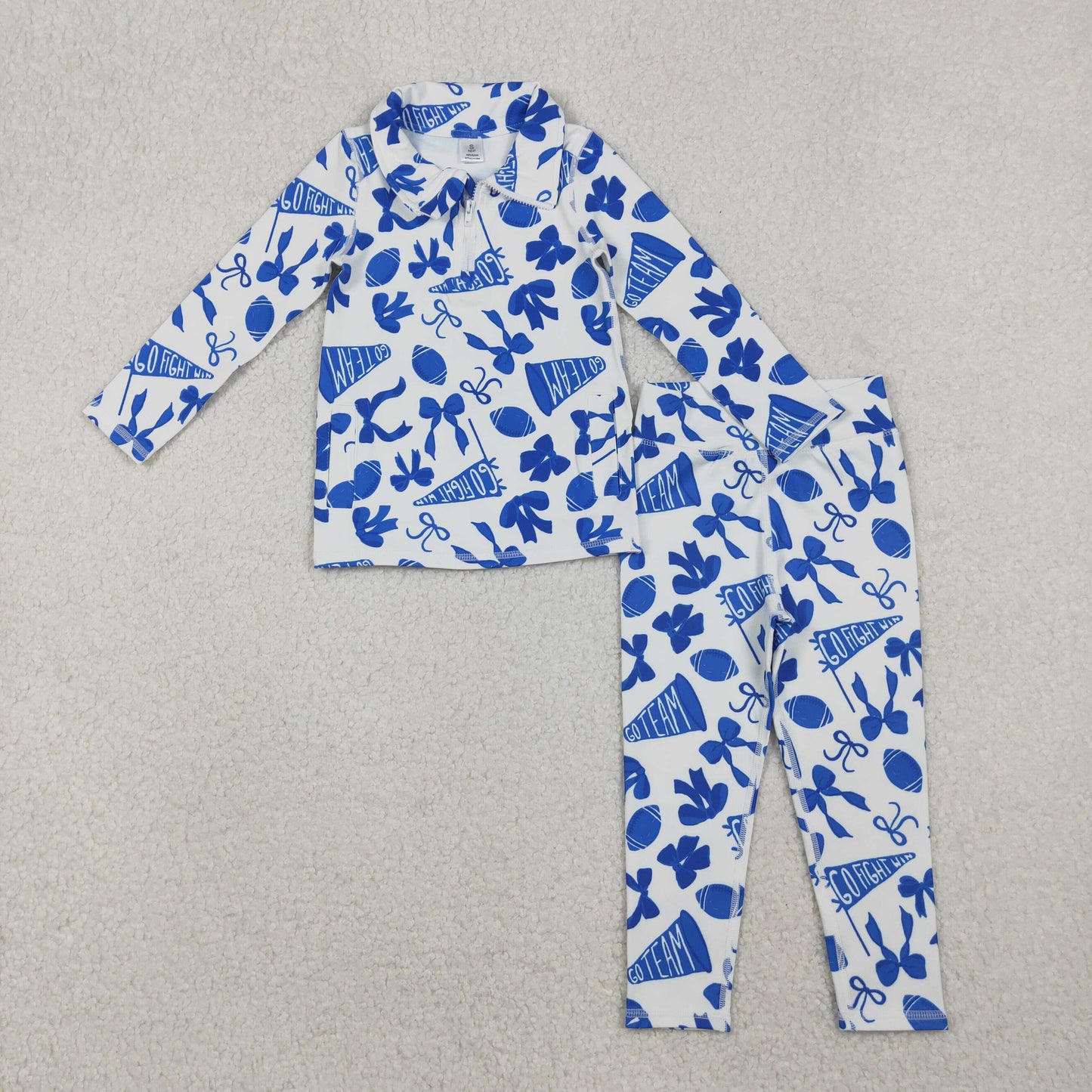 RTS NO MOQ(In Stock) GT1195+P0845 Football blue flared bow pattern zippered long-sleeved yoga top pants set