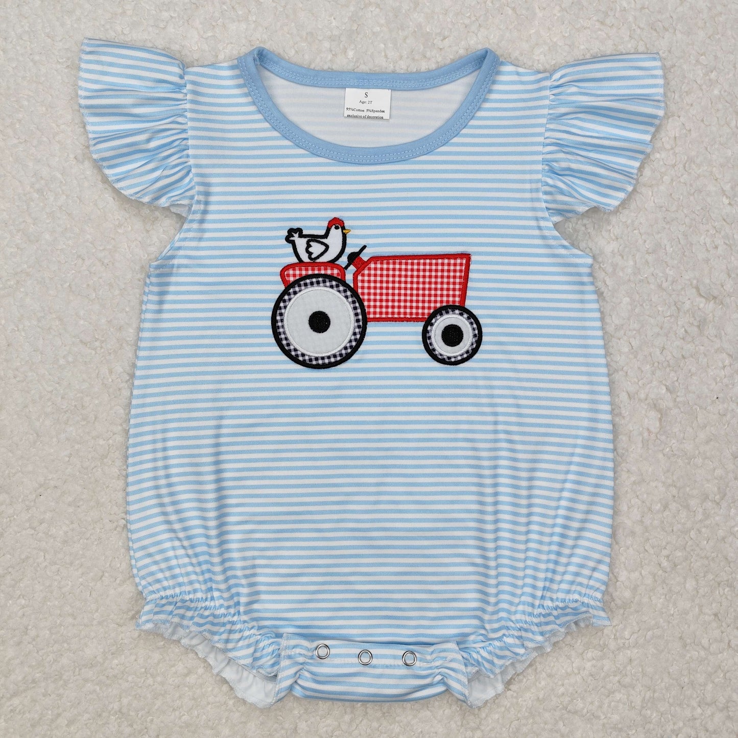 RTS NO MOQ(In Stock) Embroidered chicken tractor blue striped vest jumpsuit