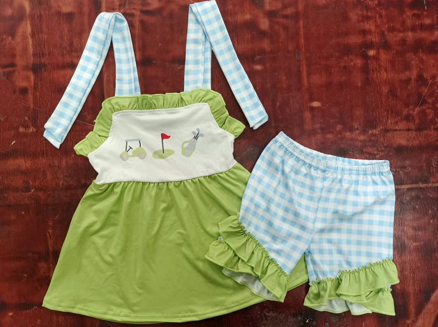 Summer girls suspender blue grid shorts suit