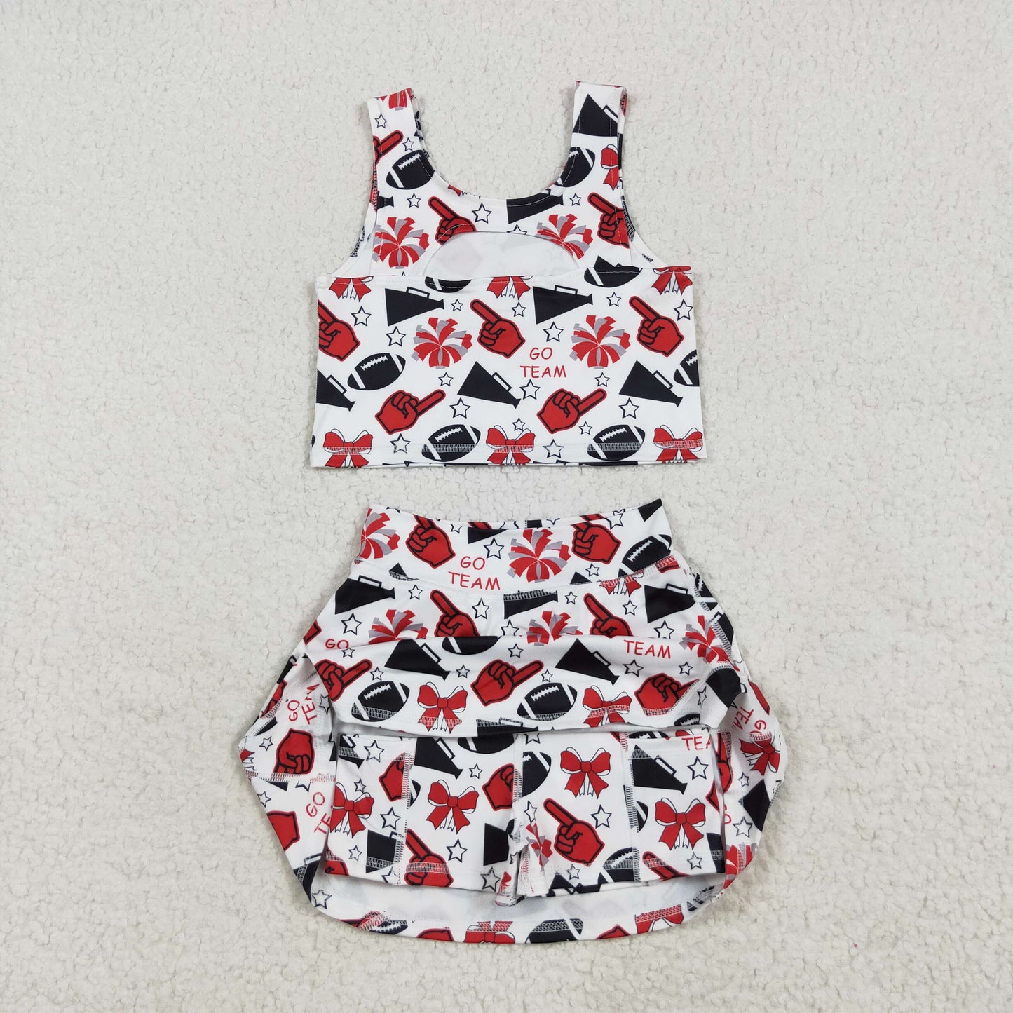 RTS NO MOQ(In Stock ) GSD2693 go team red hand gesture trumpet star bow pattern sleeveless skirt yoga set