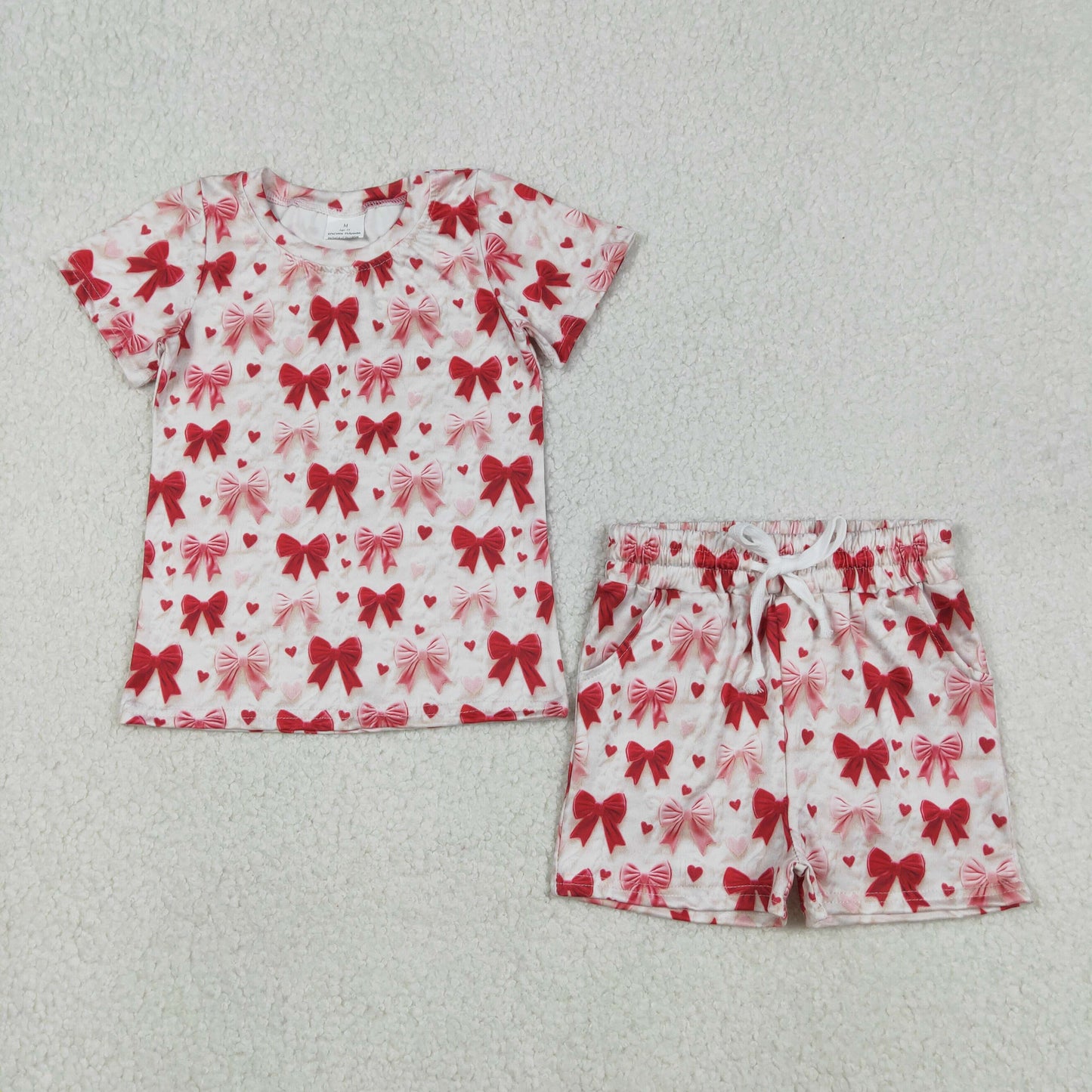 RTS NO MOQ(In Stock) Pink Heart and Bow Pattern Short-Sleeve and Shorts Set