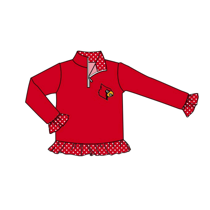 Deadline October 2 custom no moq eta 6-8weeks Red Firebird Head Zippered Long Sleeve Pullover with Ruffled Cuffs