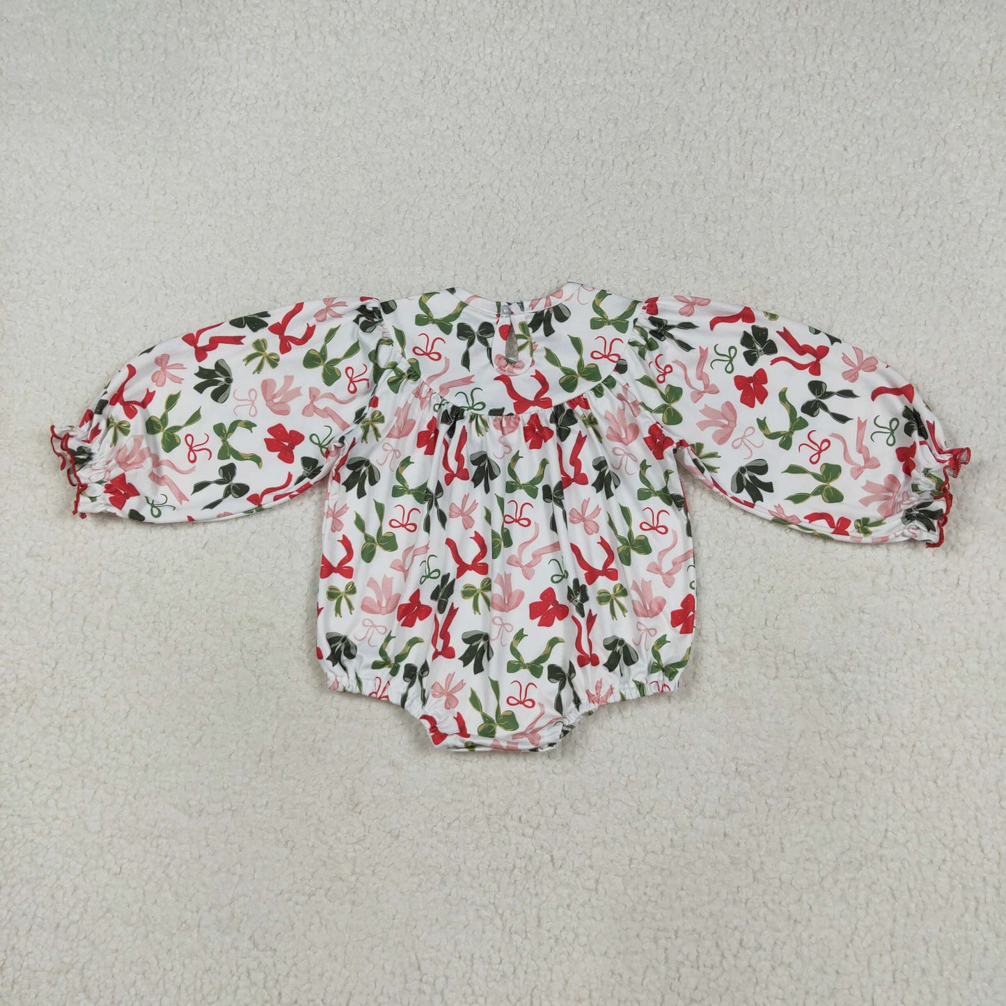 RTS NO MOQ(In Stock) LR2276 smocked merry christmas embroidered Christmas bow pattern white long sleeve jumpsuit