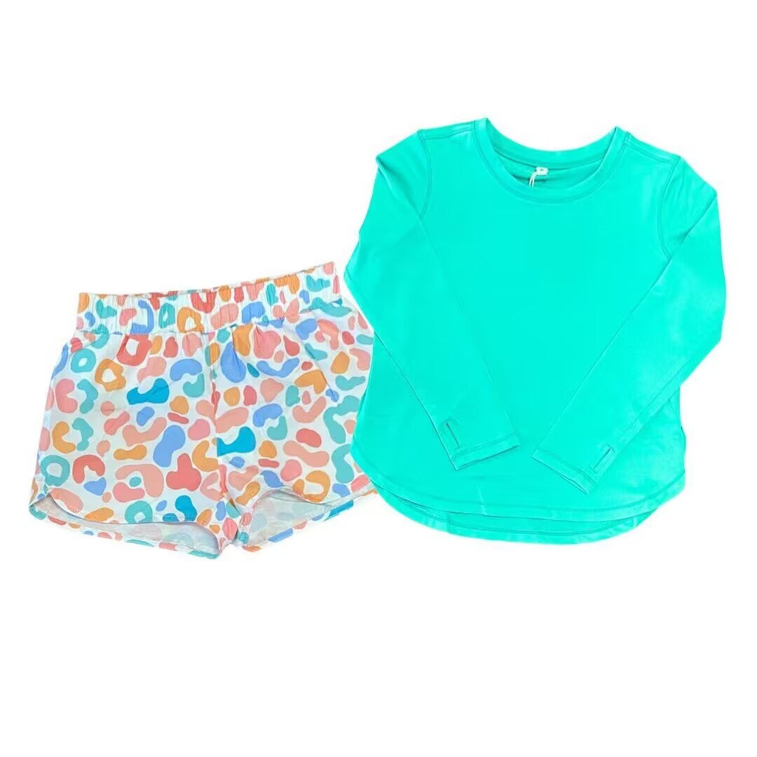 custom moq 5 eta 4-6 weeks Summer boys teal long sleeve top colorful leopard swim shorts suit