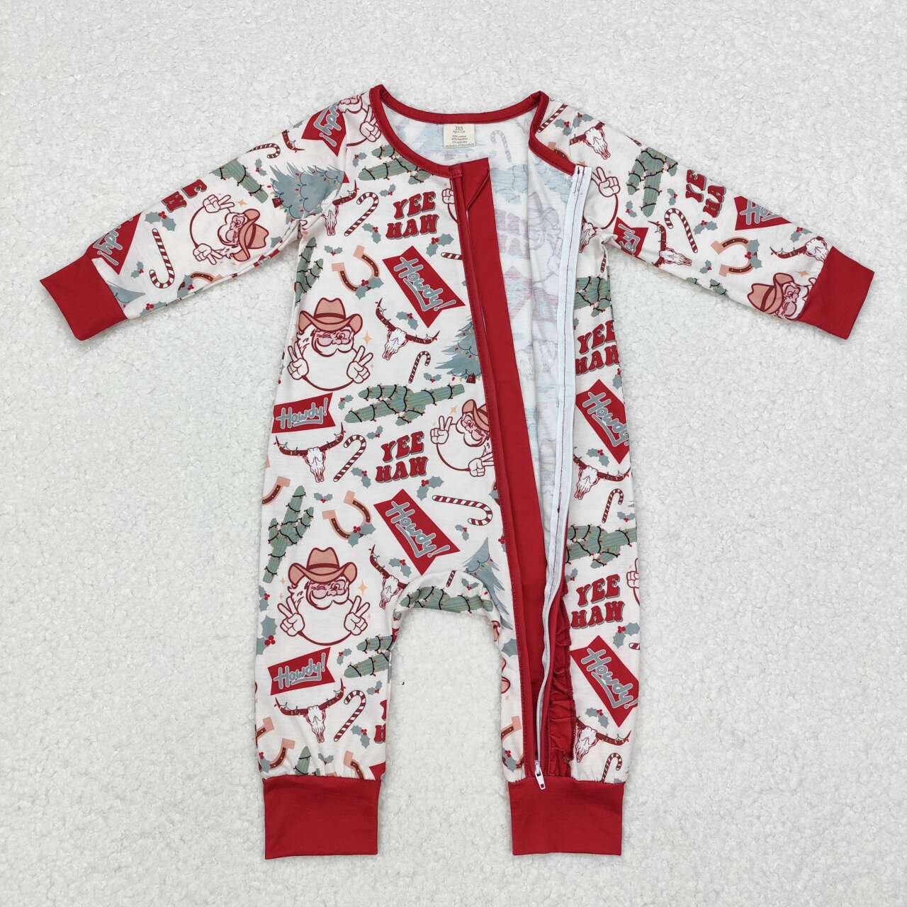 RTS NO MOQ(In Stock) LR1277 Modal Santa Claus Cactus Bull Head Lace Beige Zipper Long Sleeve Jumpsuit