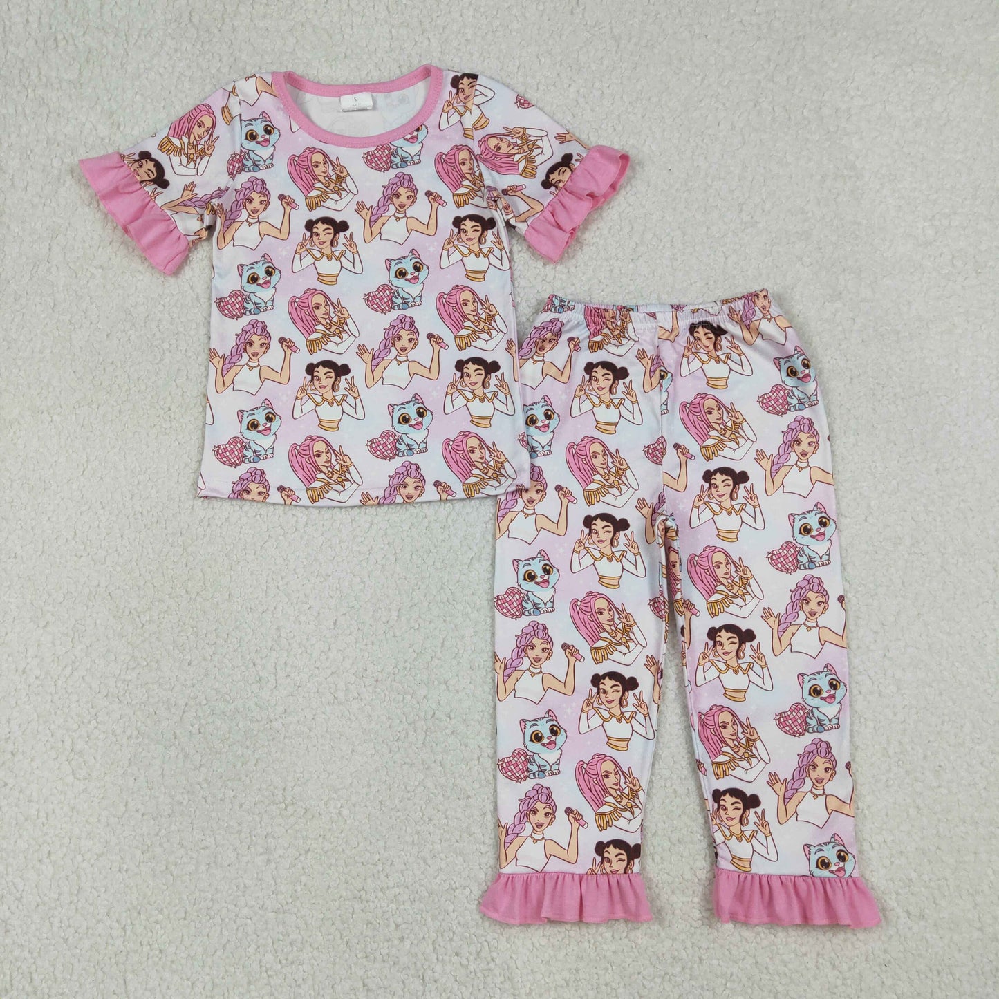 12/18m-14/16t RTS NO MOQ(In Stock) GSPO2248 Kpop Pink Heart-Shaped Disco Pants Pajama Set with Heart and Disco Ball Trim