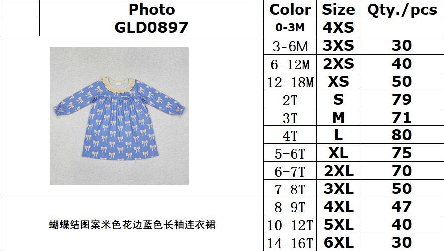 RTS NO MOQ ETA 5/7days arrived GLD0897 Bow Pattern Beige Lace Blue Long Sleeve Dress